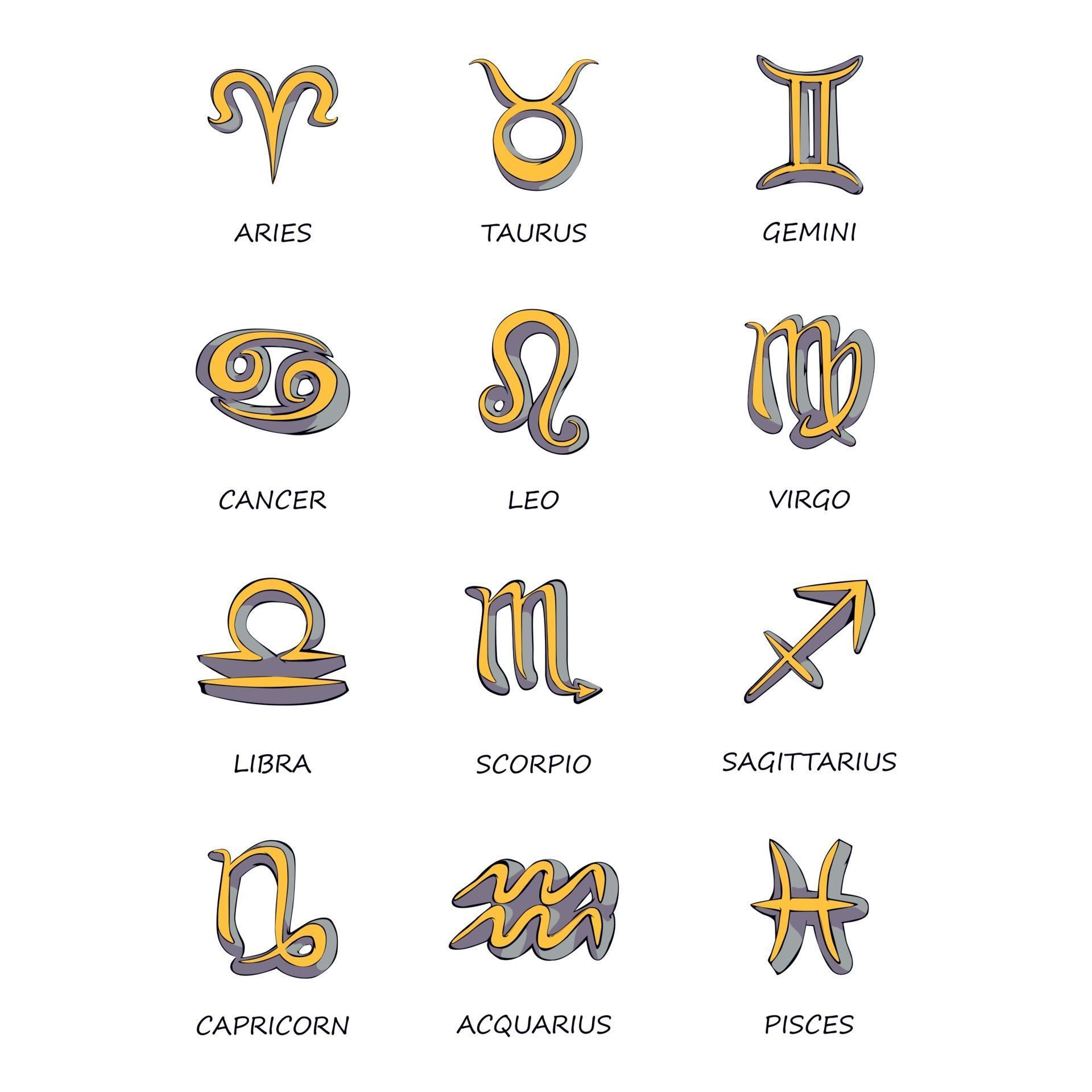Twelve zodiac signs flat cartoon vector illustrations set. Celestial
