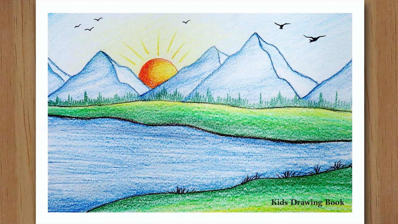 How to draw sunrise with colored pencils step by step mountain scenery