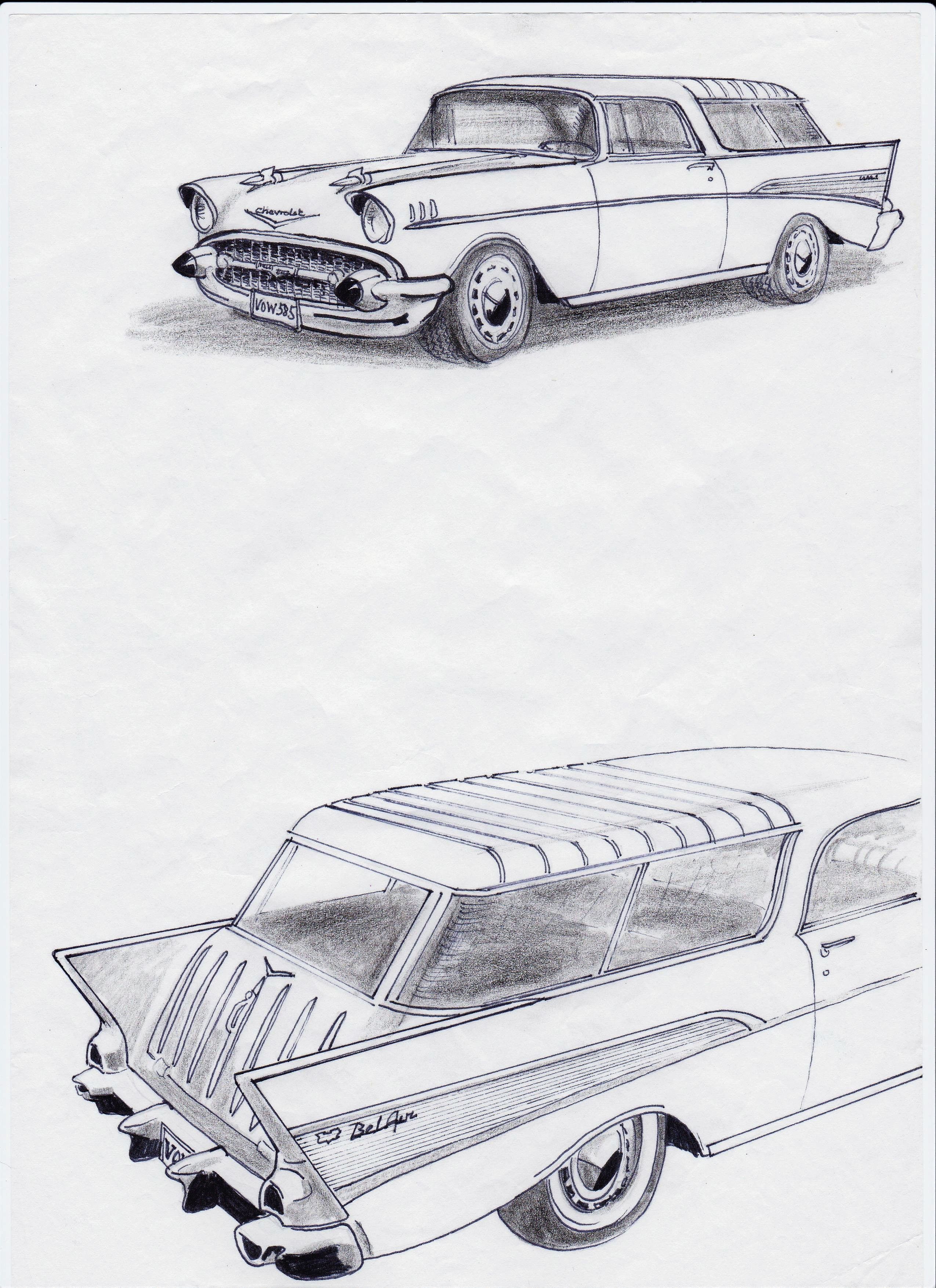 Pencil & ink drawing of a 1957 Chevrolet Bel Air Nomad station wagon