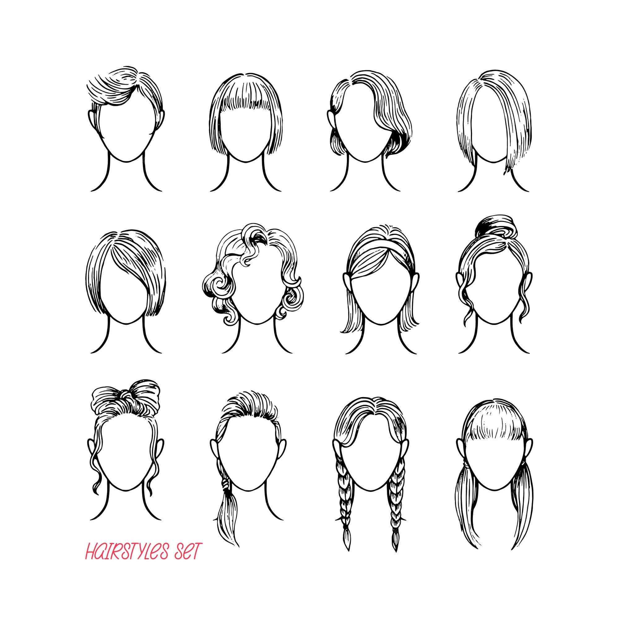 Premium Vector Set of different female hairstyles. hand drawn