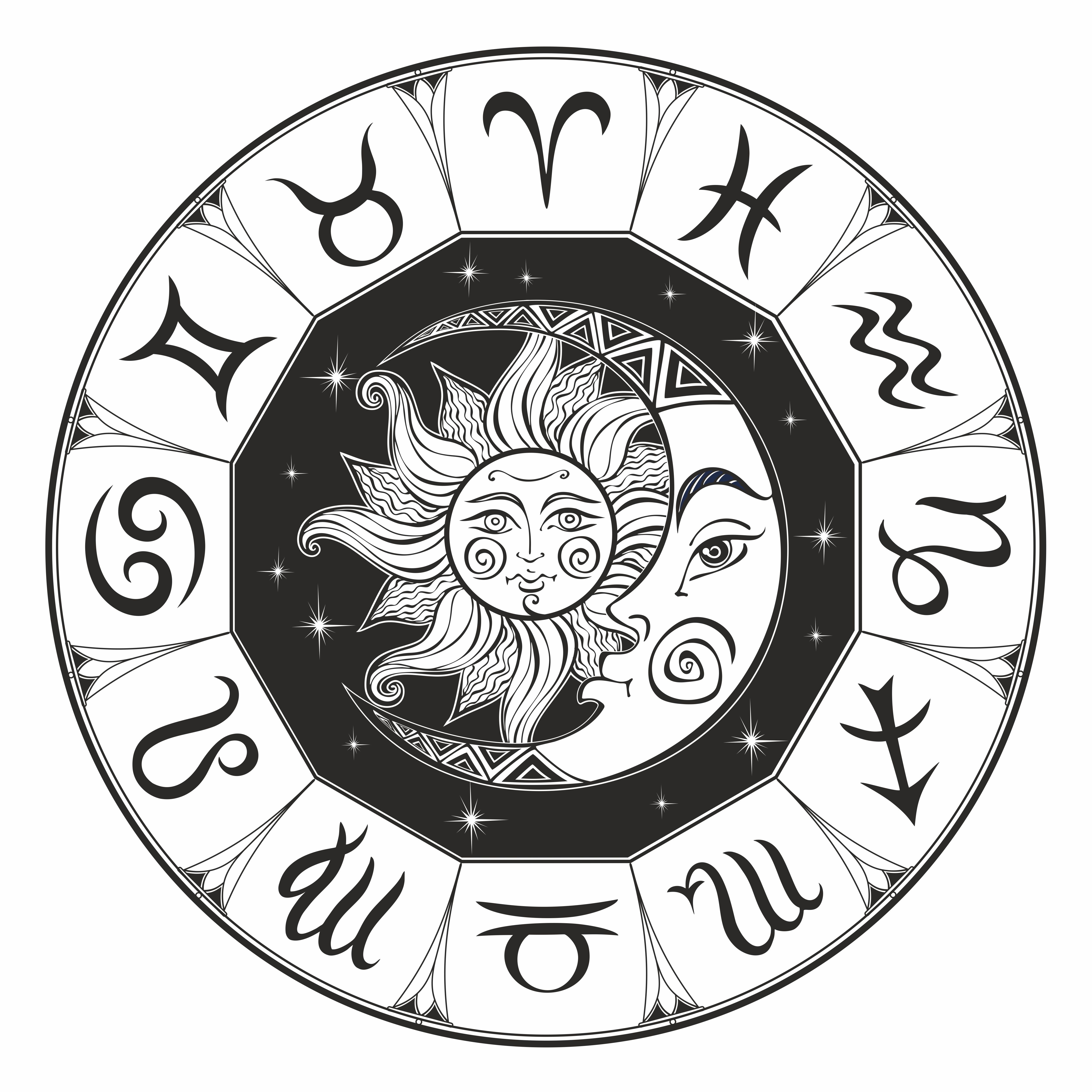 Zodiac. Astrological symbol. Horoscope. The sun and the moon. Astrology