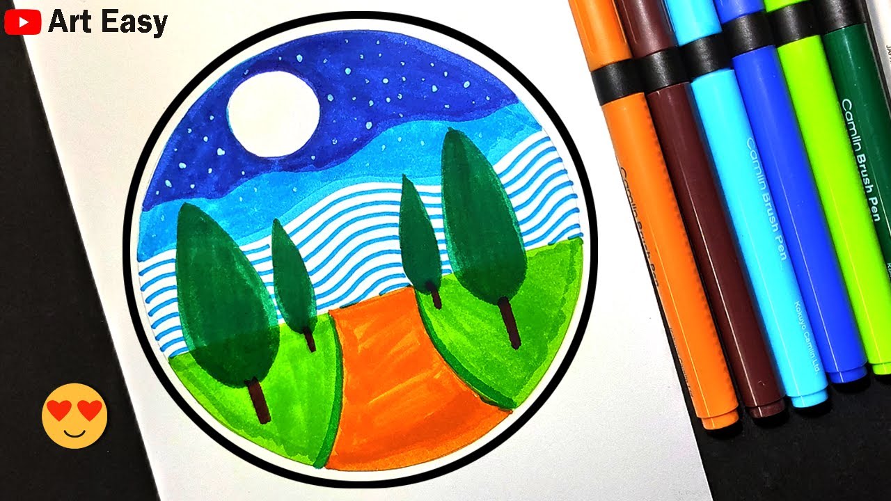 Easy Scenery Drawing With Brush Pen For Beginners Circle Scenery