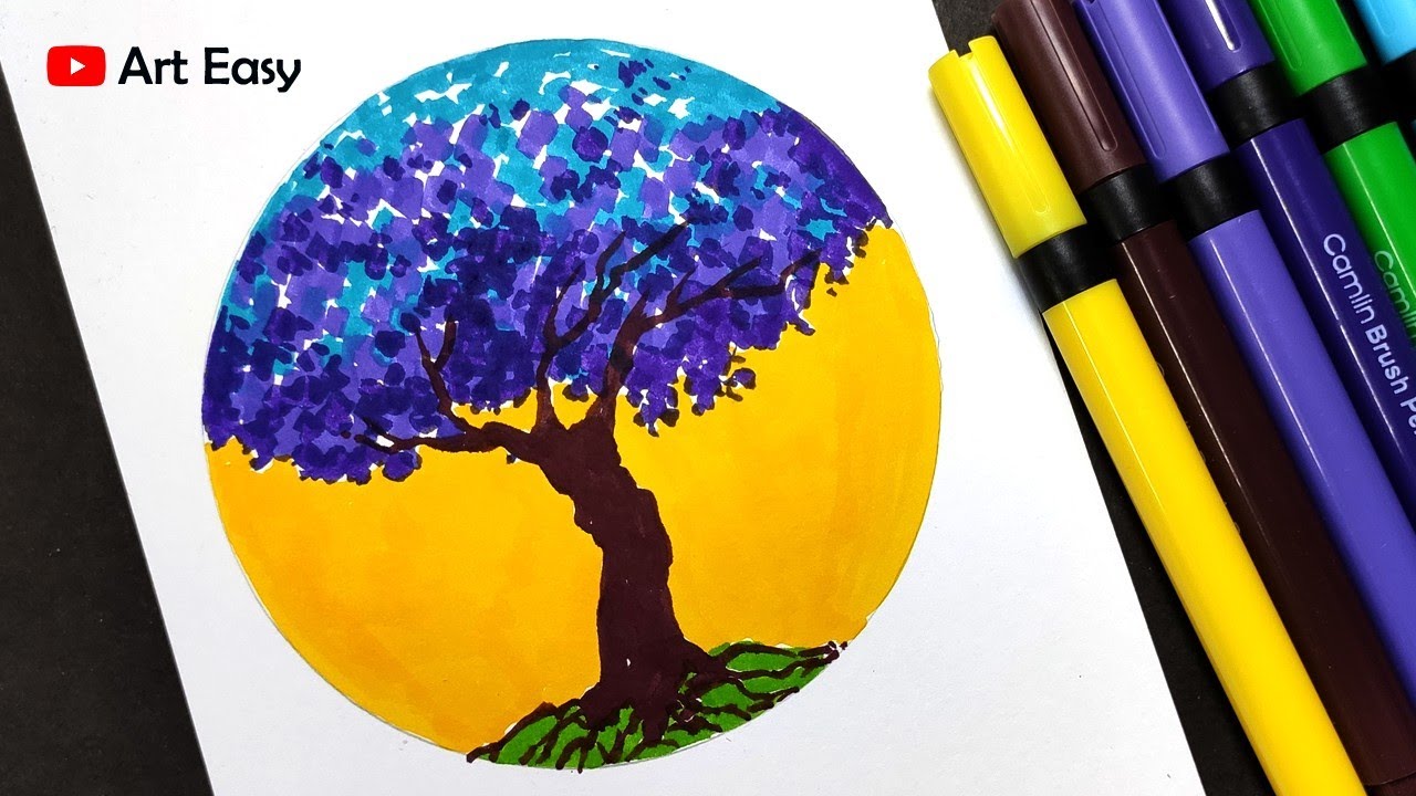 Beautiful purple tree drawing with brush pen Very easy YouTube