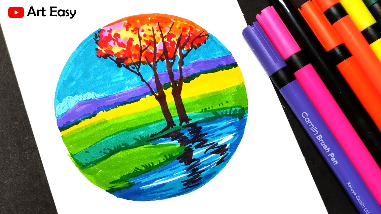 Easy landscape drawing with brush pen Step by step drawing YouTube