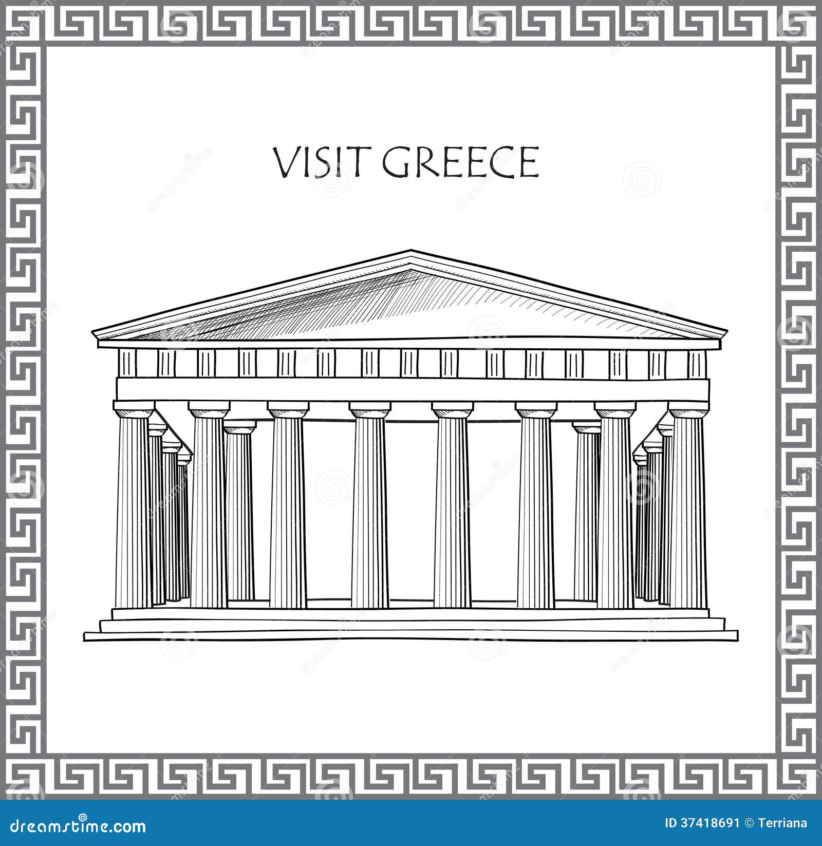 Acropolis In Athens, Greece. Sketch Of Historic Building And House