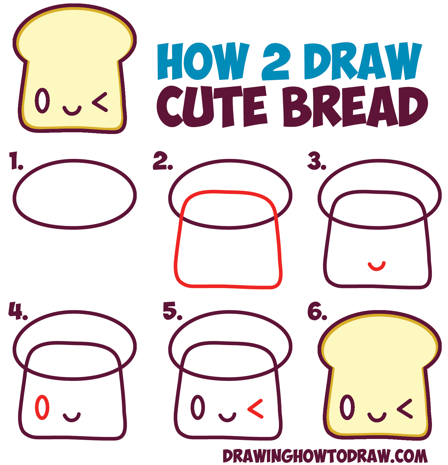 How to Draw Cute Kawaii Bread Slice with Face on It Easy Step by Step